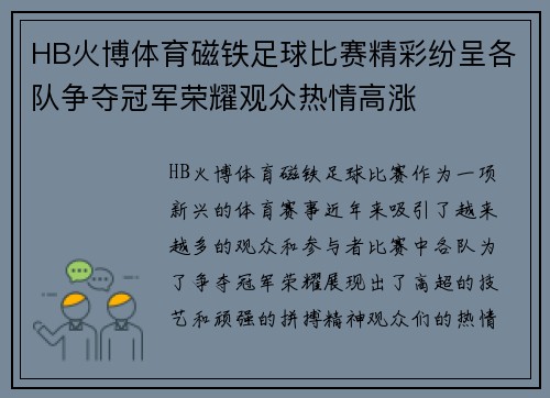 HB火博体育磁铁足球比赛精彩纷呈各队争夺冠军荣耀观众热情高涨
