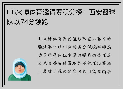 HB火博体育邀请赛积分榜：西安篮球队以74分领跑